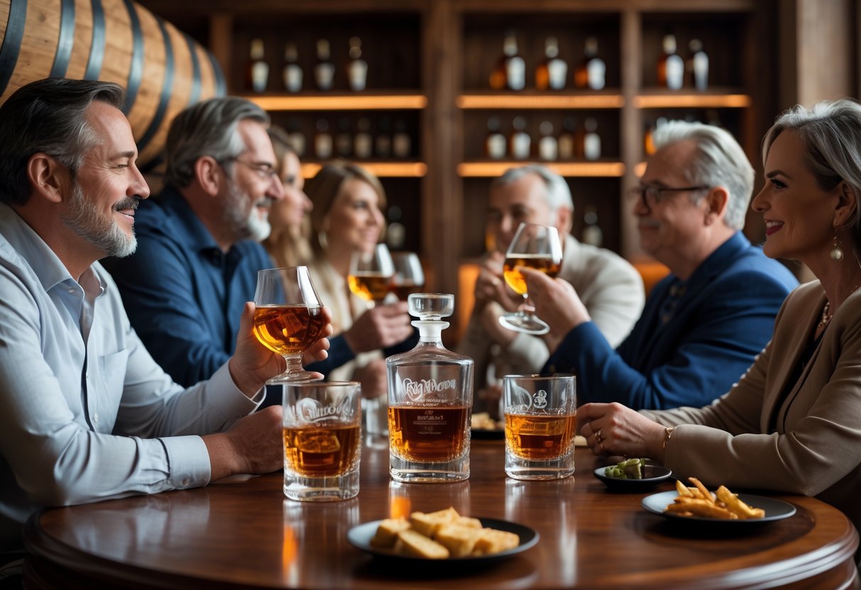 A group of adults tasting bourbon around a wooden table with glasses of amber whiskey and a wooden barrel in the background.