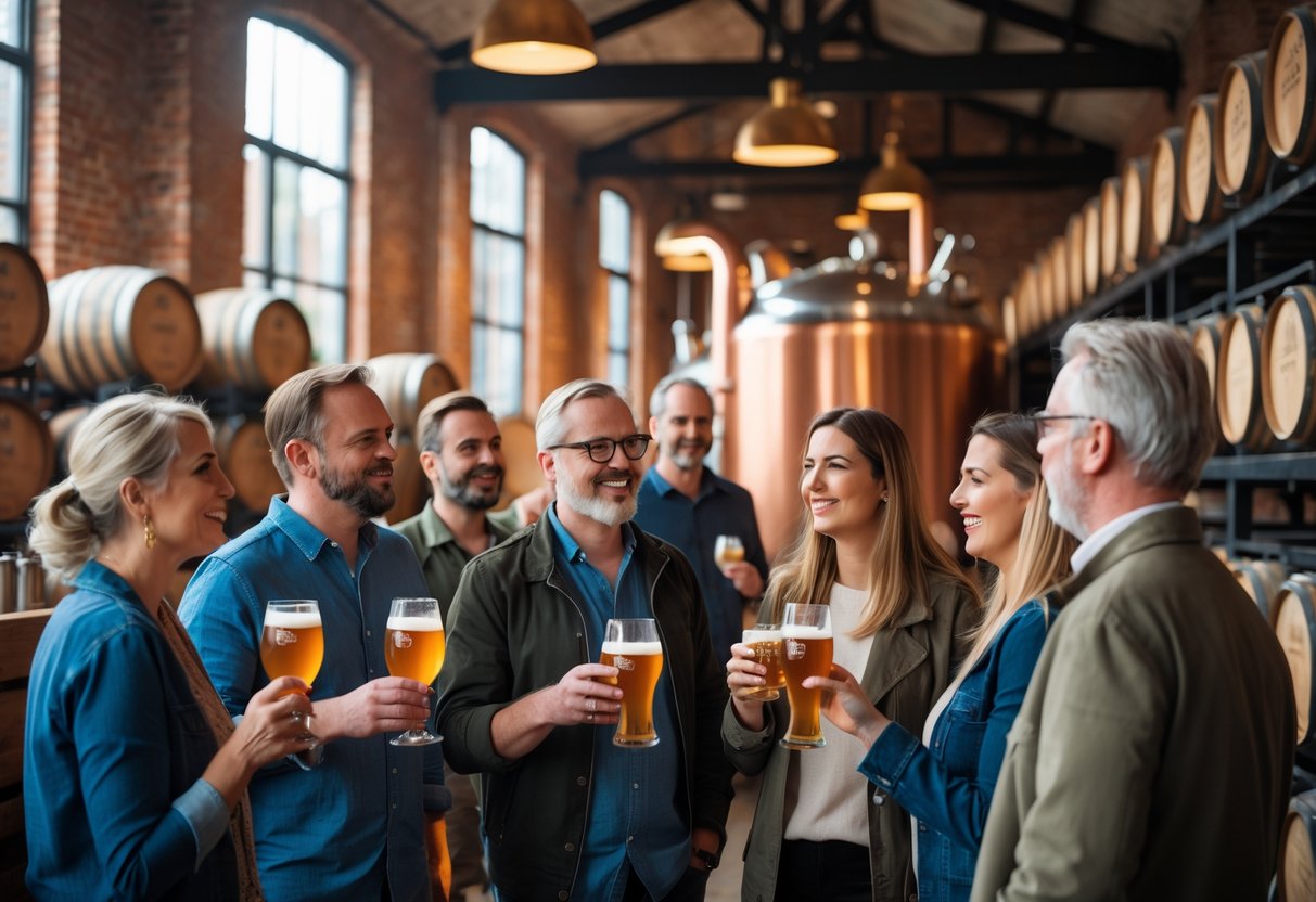 A group of people on a brewery tour in Dublin listening to a guide inside a brewery with brewing equipment and wooden barrels.