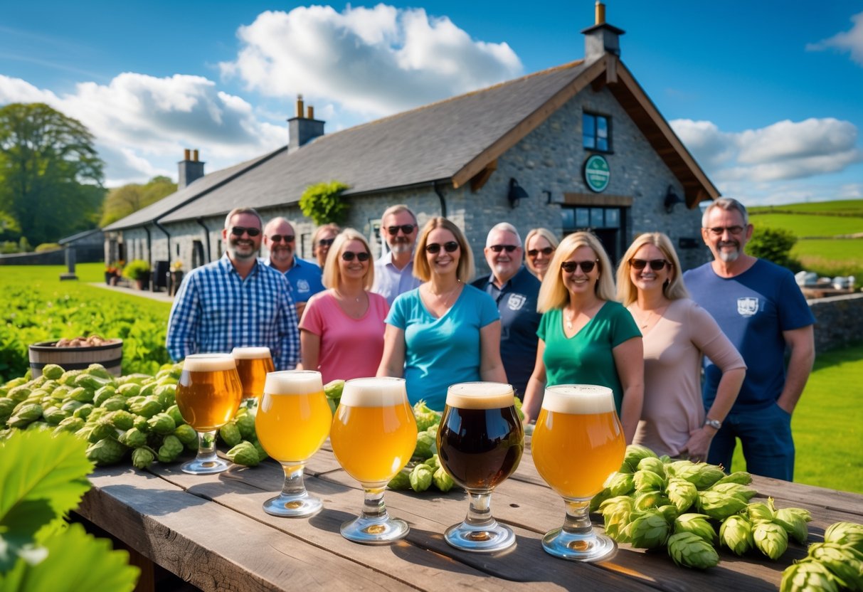 A group of people enjoying a brewery tour in the countryside near Dublin, with craft beers on a wooden table and a rustic stone brewery building in the background.