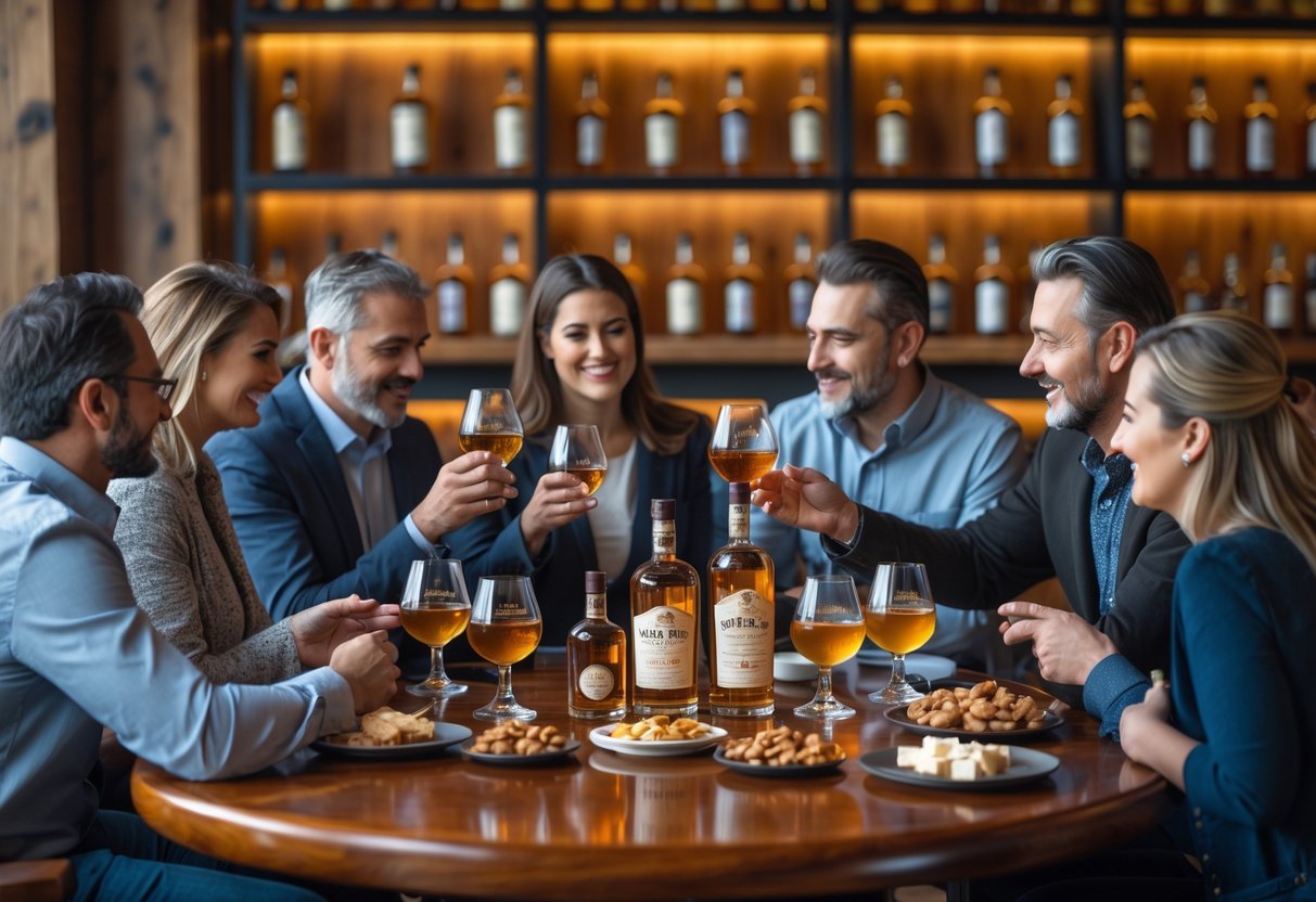 A group of adults tasting whiskey together around a wooden table with bottles and snacks in a cozy tasting room.