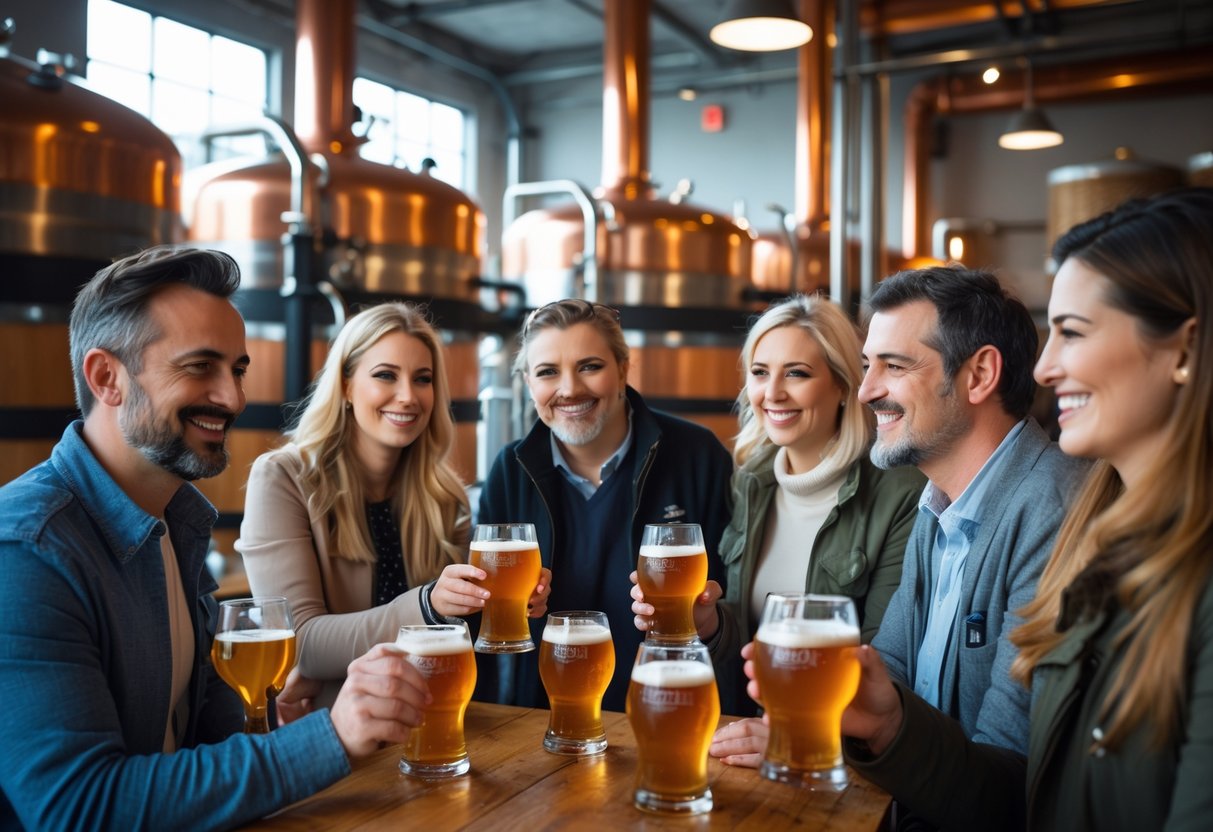 A group of adults enjoying a beer tasting inside a Dublin brewery with brewing equipment in the background.
