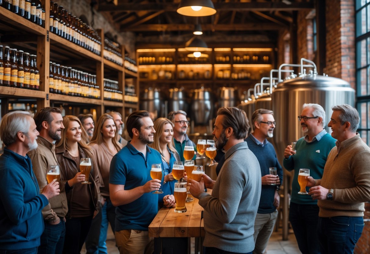 A group of people on a brewery tour in Dublin listening to a guide inside a brewery with brewing equipment and beer barrels around them.