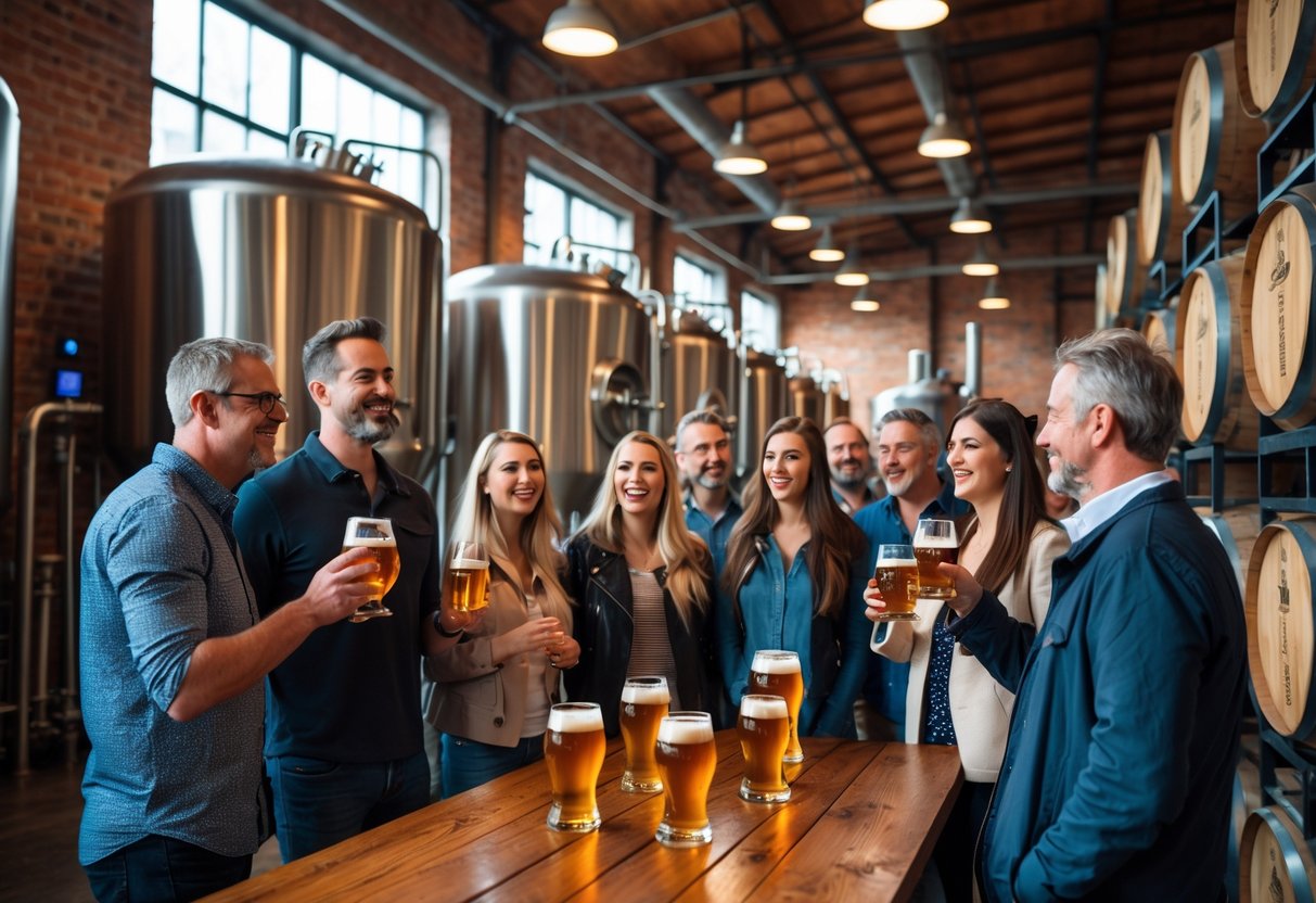 A group of people on a brewery tour in Dublin listening to a guide inside a brewery with brewing equipment and beer samples.