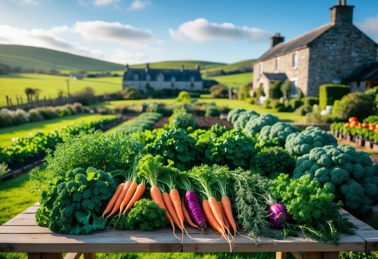 A lush kitchen garden with fresh vegetables and herbs next to a wooden table displaying harvested produce, with rolling green hills and a stone farmhouse in the background.