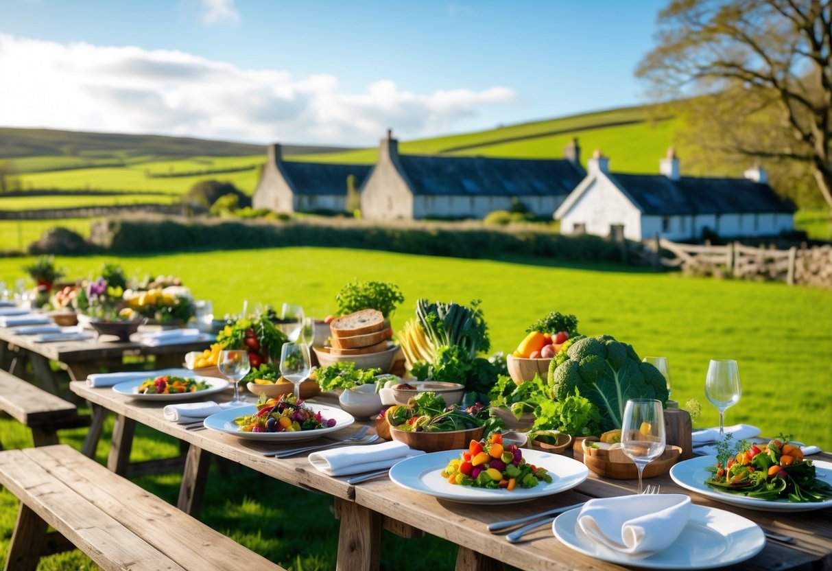 Outdoor dining table with fresh farm-to-table dishes set in the green Irish countryside with hills and farm buildings in the background.