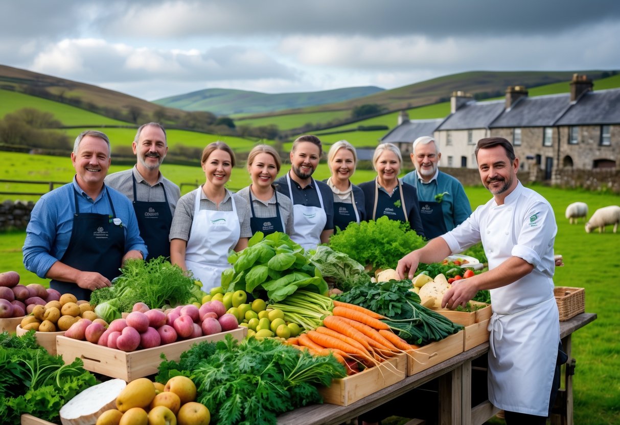 Farmers market in the Irish countryside with local farmers displaying fresh produce and a chef selecting ingredients outdoors.