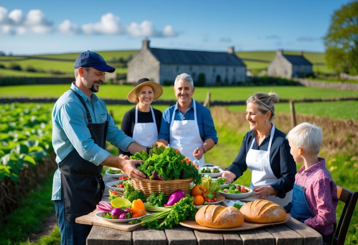 A farmer handing fresh vegetables to a chef at a wooden table set with produce outdoors on a farm in County Cork, Ireland, with a family enjoying a meal nearby.