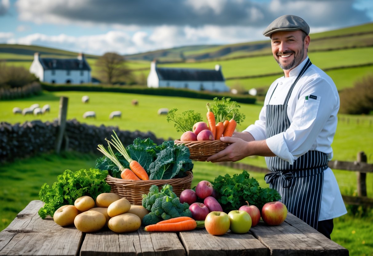 An Irish farmer hands fresh vegetables to a chef at a wooden table with green hills and a farmhouse in the background.
