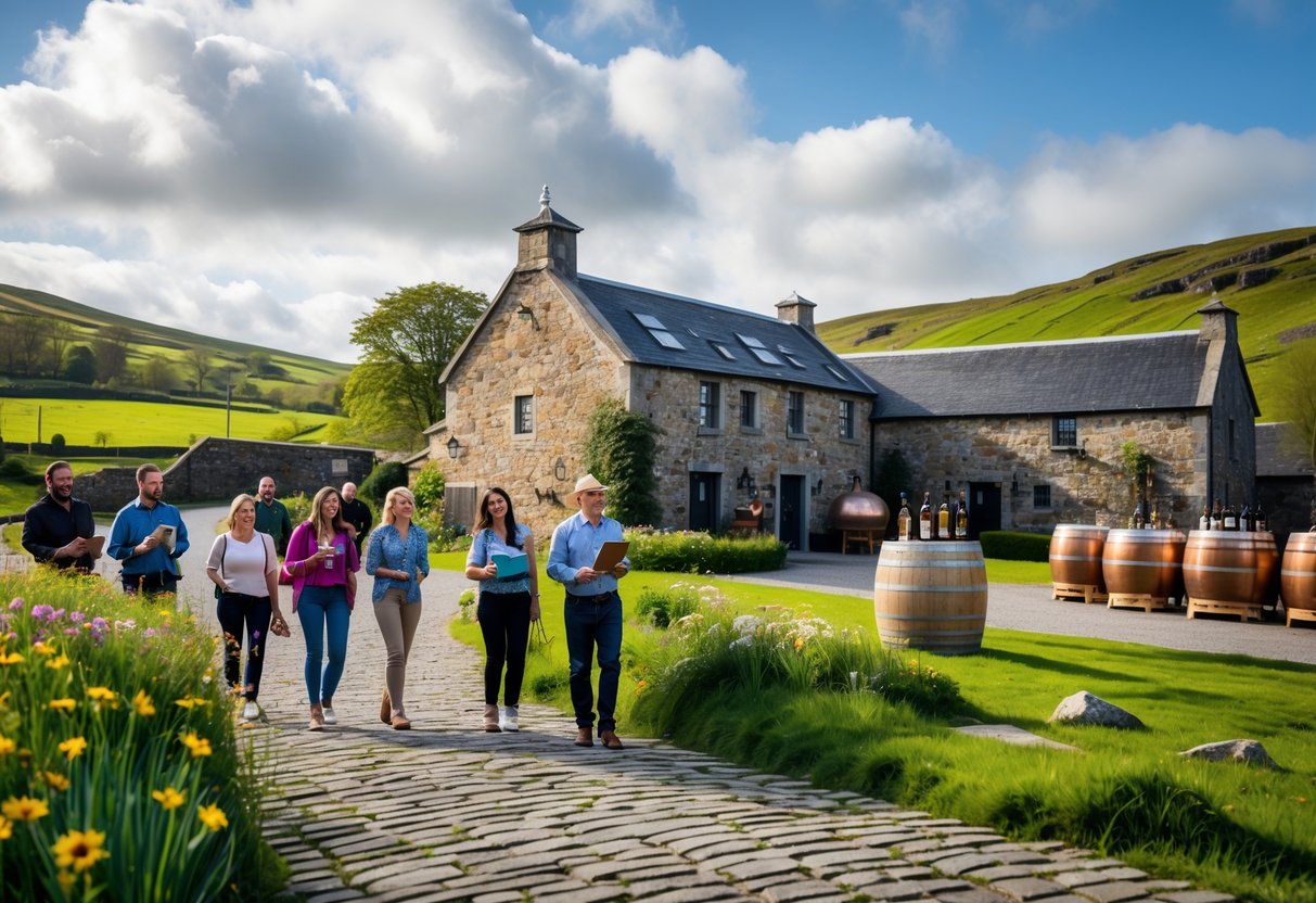 Tourists visiting a traditional Irish distillery with copper stills and green hills in the background.