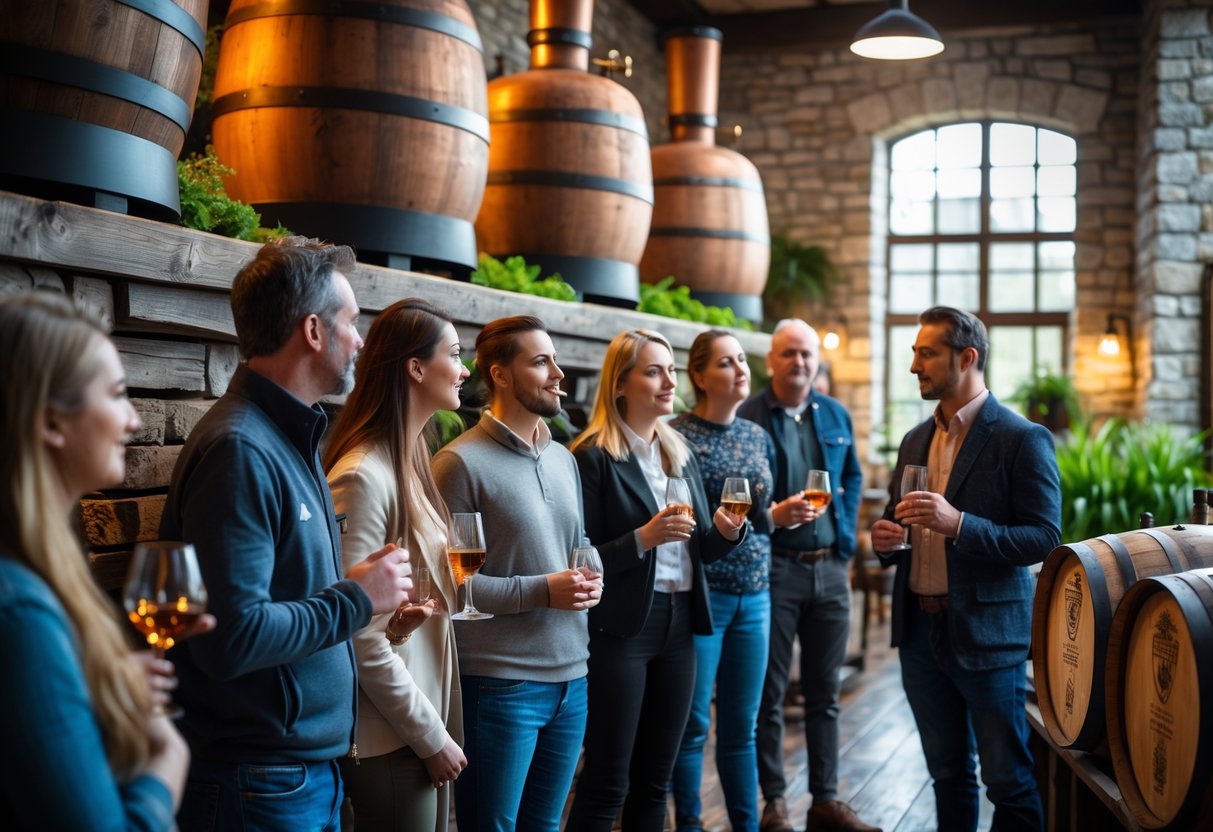 A group of tourists listening to a guide inside a Dublin distillery surrounded by copper stills and wooden barrels.
