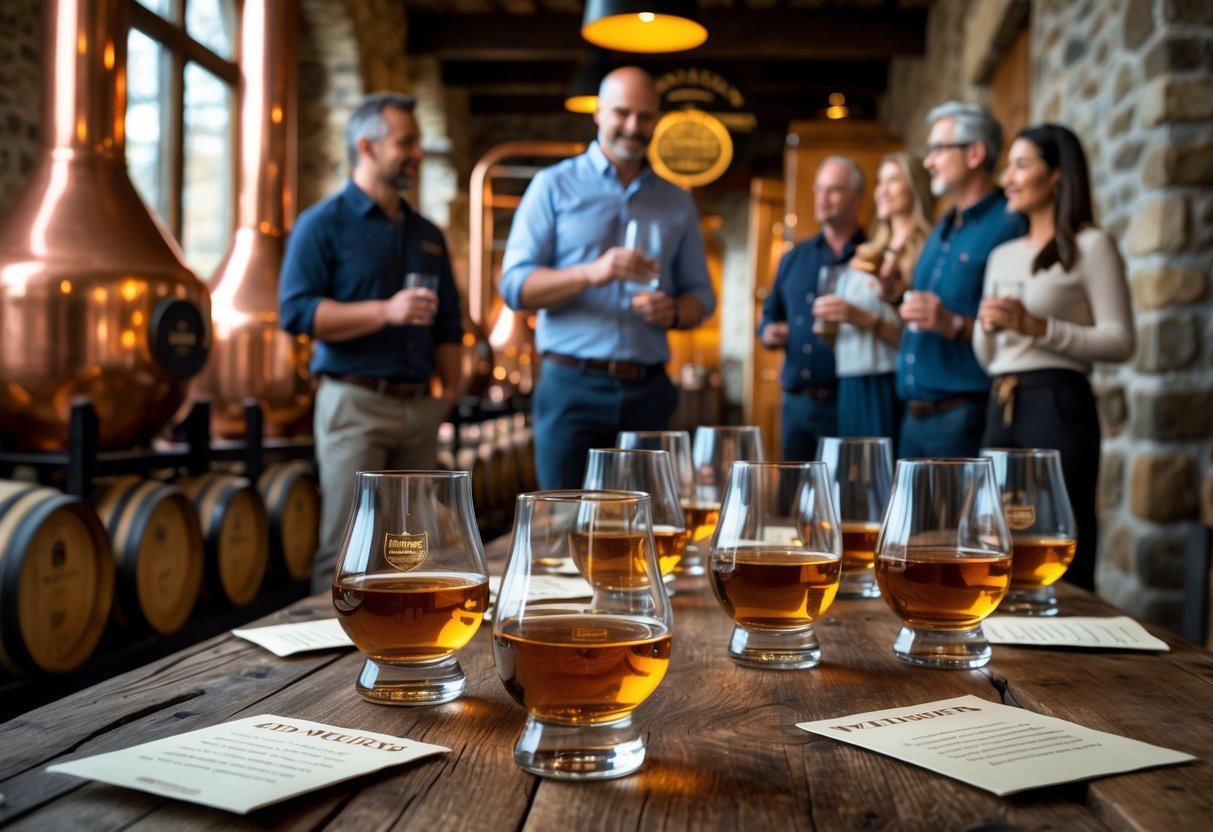 A group of people tasting whiskey inside an Irish distillery with wooden barrels and copper stills in the background.