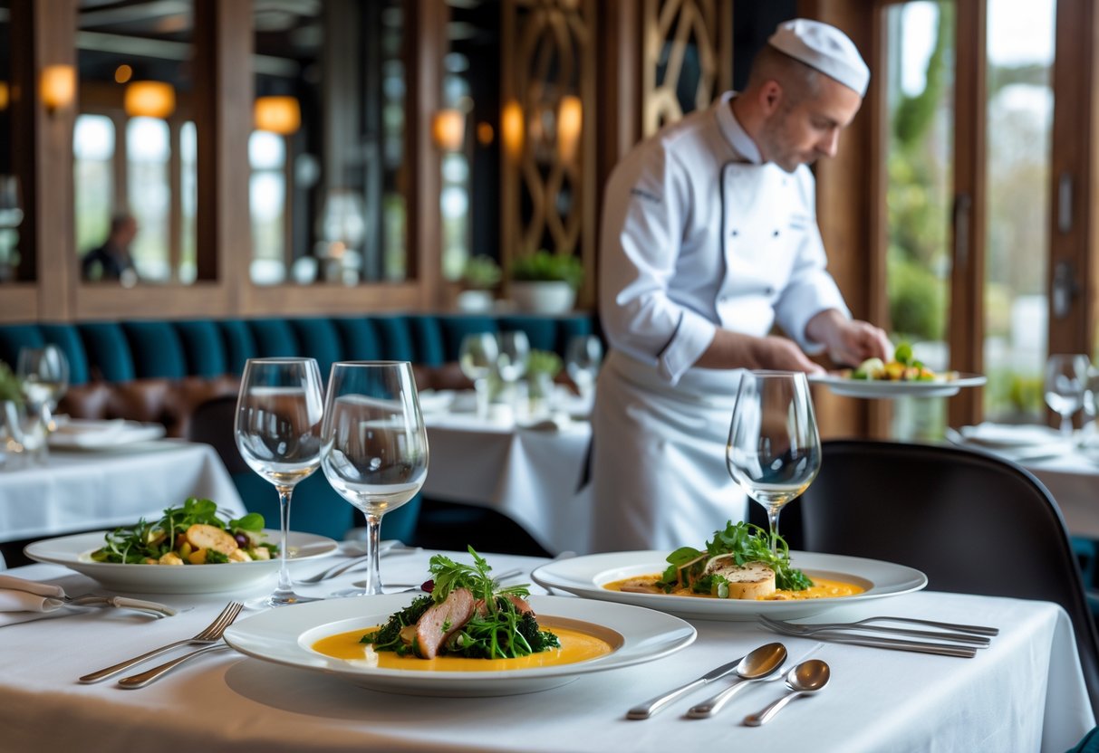 An elegant dining table set with gourmet dishes and wine glasses inside a stylish restaurant with a chef plating food in the background.