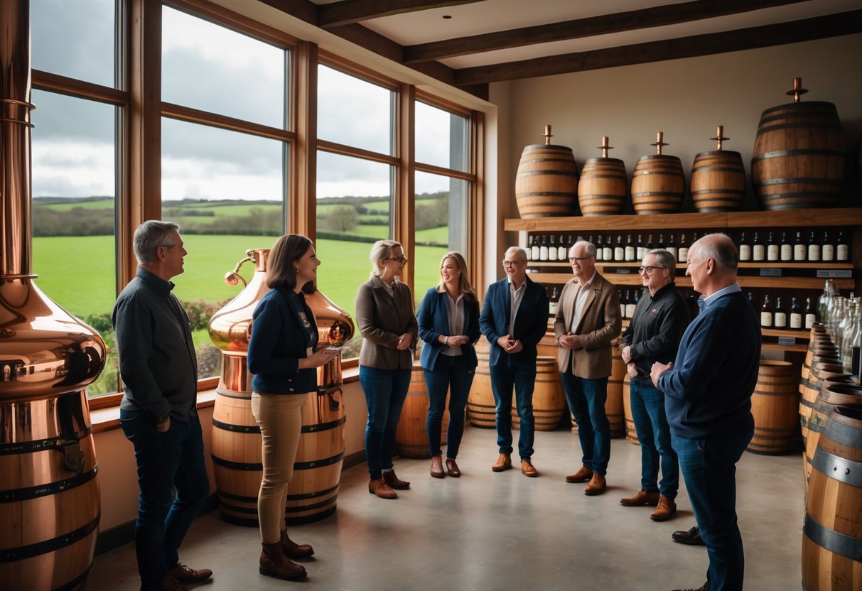 A group of people on a tour inside a family-owned Irish distillery with copper stills, wooden barrels, and countryside visible through windows.