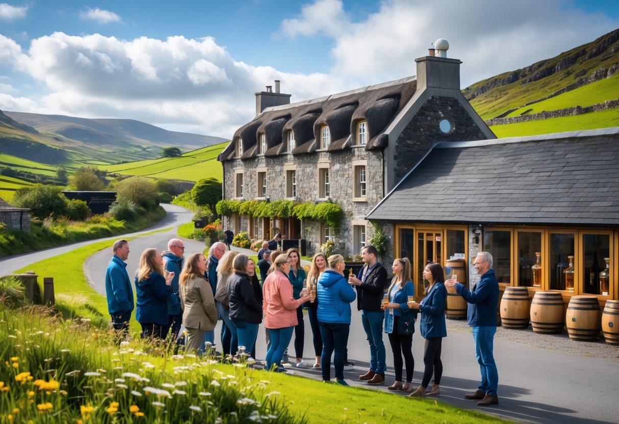 Tourists visiting a traditional Irish distillery in a green countryside setting with rolling hills and copper pot stills visible inside.