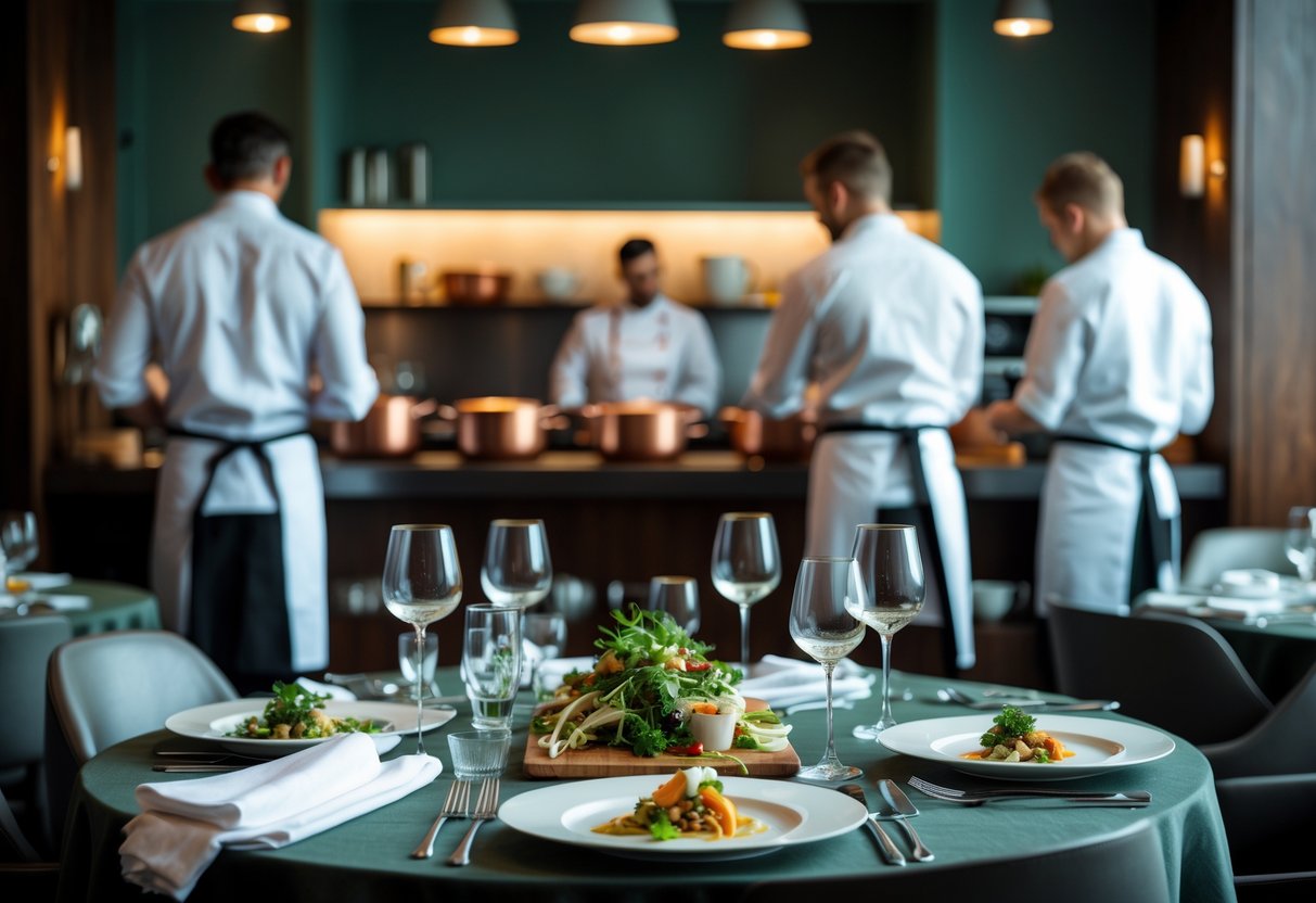 An intimate dining table set for a gourmet meal inside a restaurant with chefs preparing food in the open kitchen.