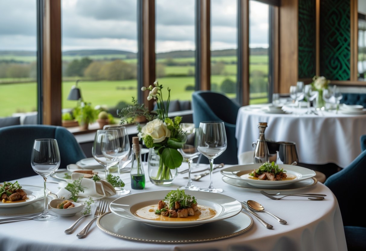 An elegant fine dining restaurant interior in Ireland with tables set for a gourmet meal and large windows showing green countryside.