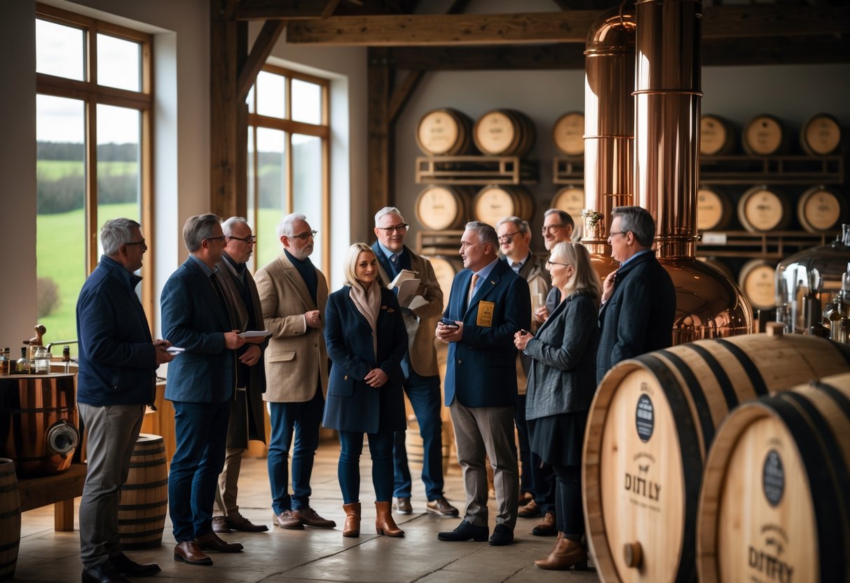A group of people on a guided tour inside an Irish distillery with copper stills and wooden barrels.
