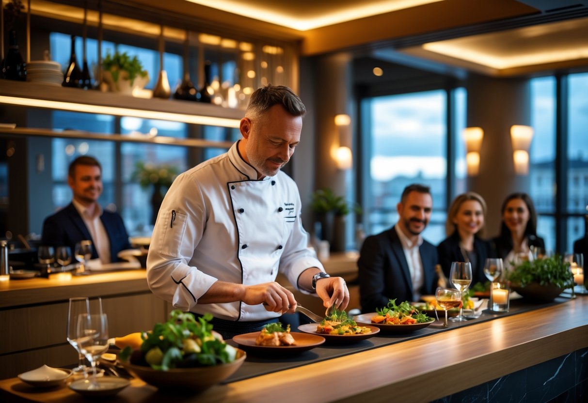 Kevin Thornton preparing a gourmet dish at a chef's table in a modern restaurant with diners watching.