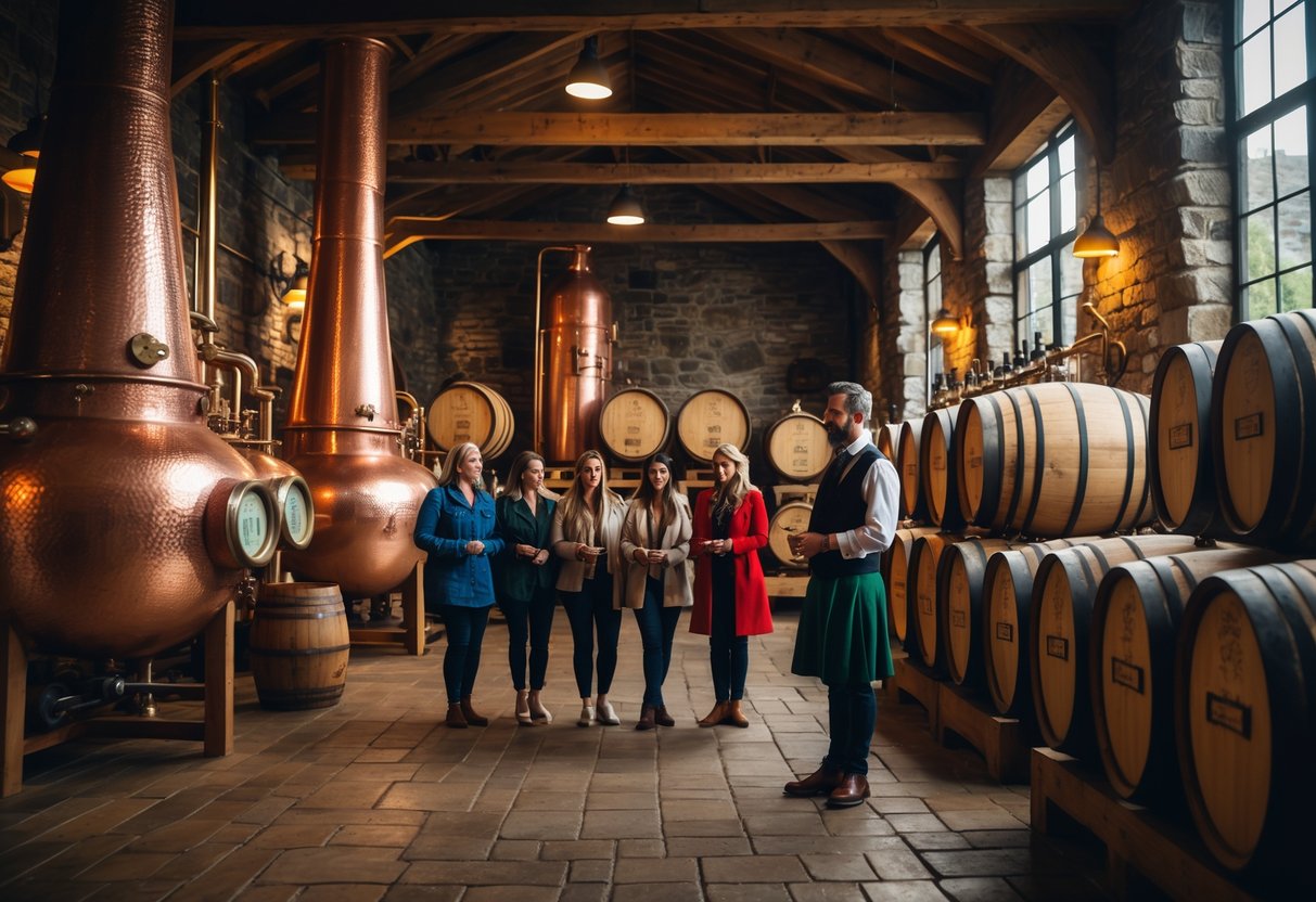 A group of tourists touring a historic Irish distillery with copper pot stills and wooden barrels inside.