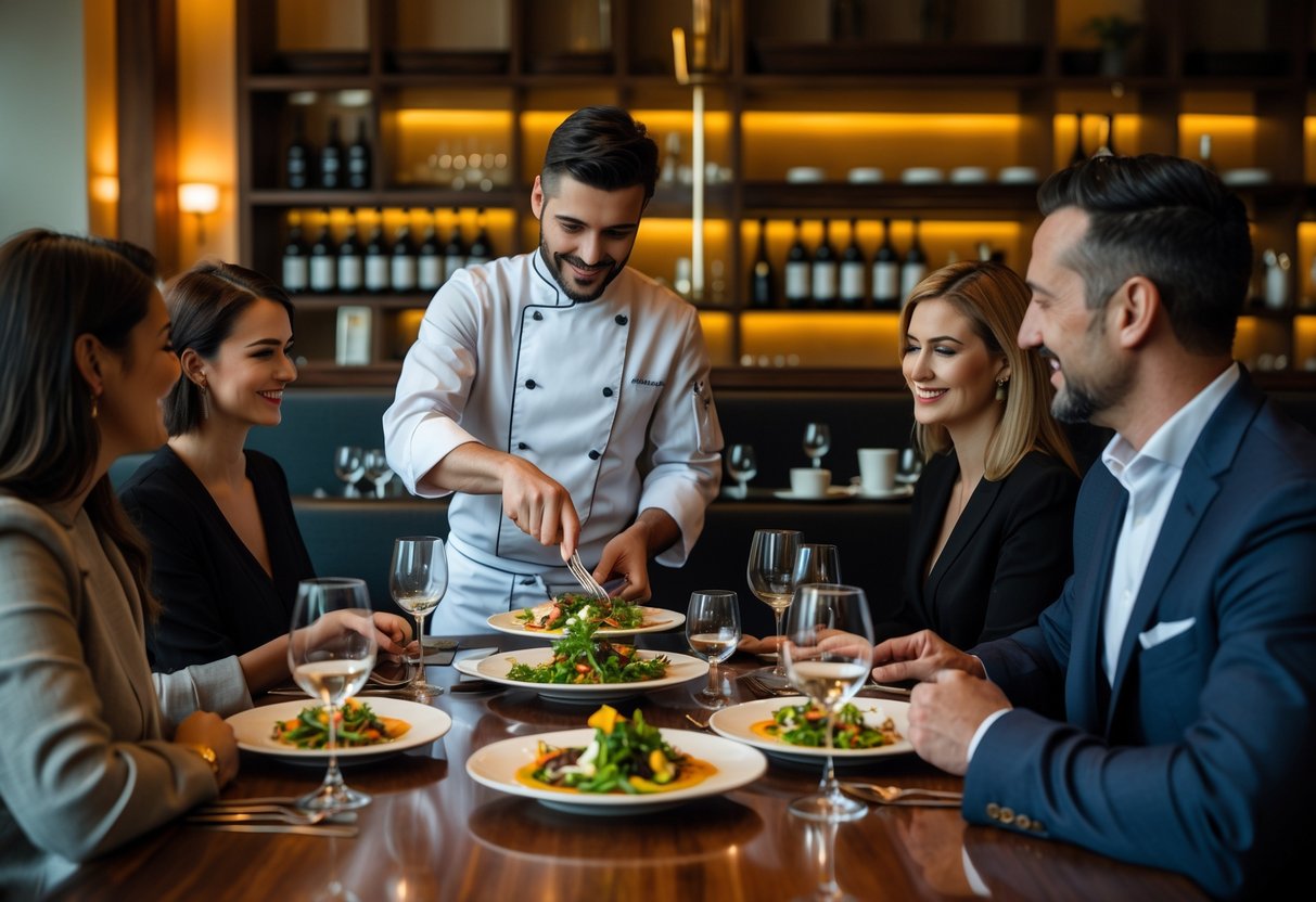 Guests seated around a wooden table watching a chef prepare and serve gourmet dishes in a modern restaurant.