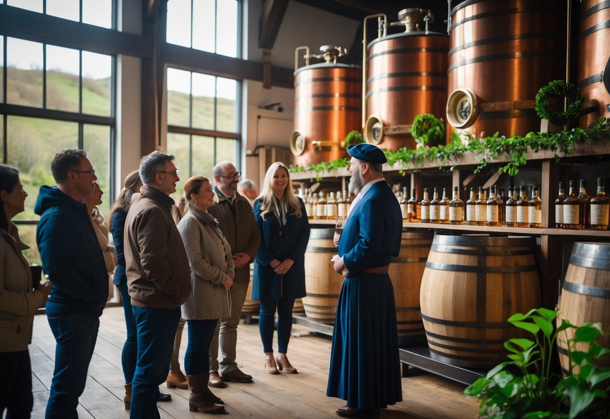 A group of tourists listening to a guide inside an Irish distillery with copper stills and wooden barrels in the background.