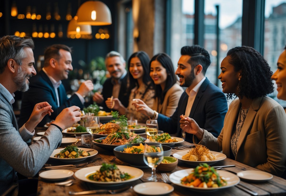 A diverse group of people enjoying a chef's table dinner with a chef presenting multicultural dishes in a cozy dining setting with city views.