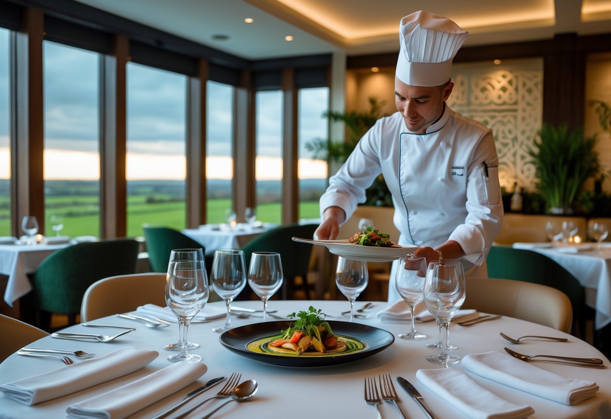 A chef plating a gourmet dish in an elegant restaurant with a beautifully set table and large windows showing the Irish countryside.