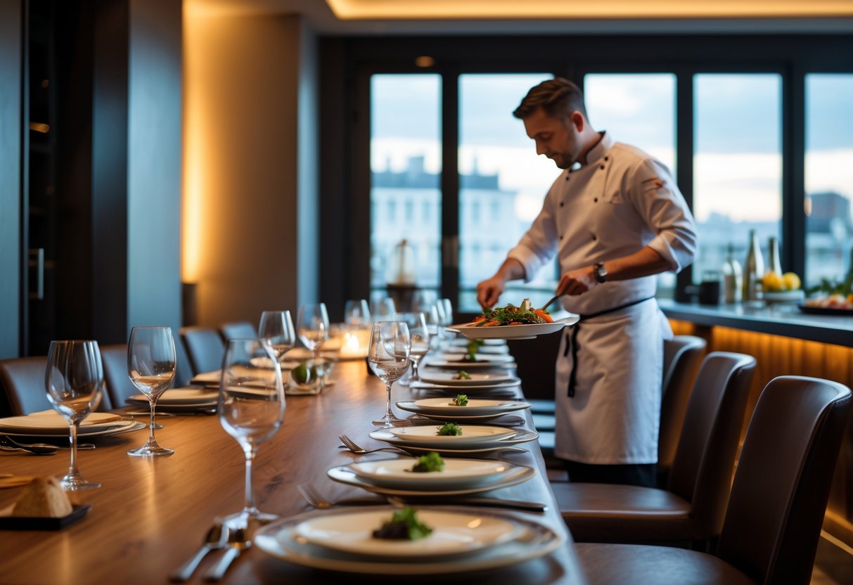 A chef plating gourmet dishes at a long, elegantly set table in a stylish dining room with a view of Dublin.