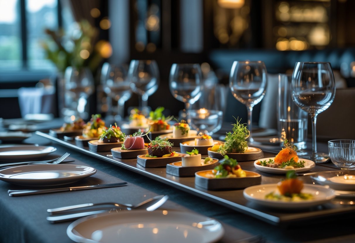 A table set with multiple small, beautifully plated dishes in an elegant restaurant setting.