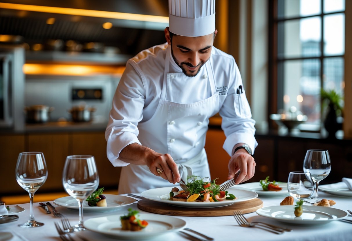 A chef preparing gourmet dishes at a private dining table in a modern kitchen with city views.