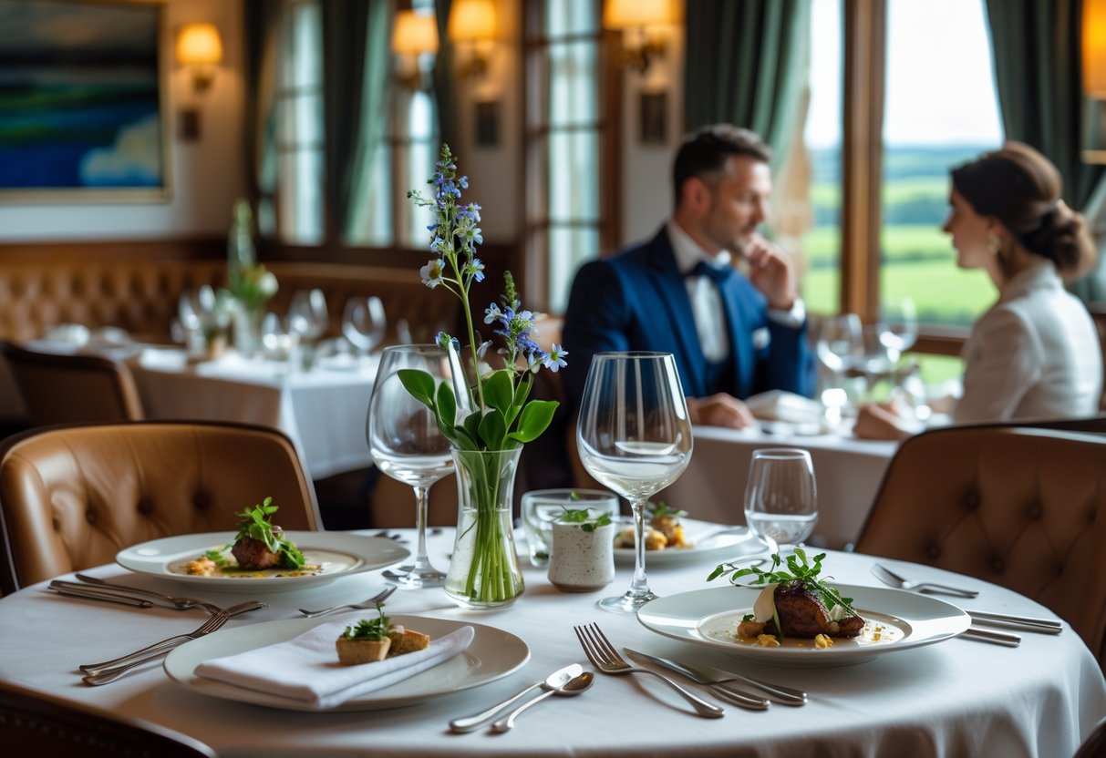 A couple dining at a Michelin star restaurant in Ireland with a beautifully set table and elegant surroundings.