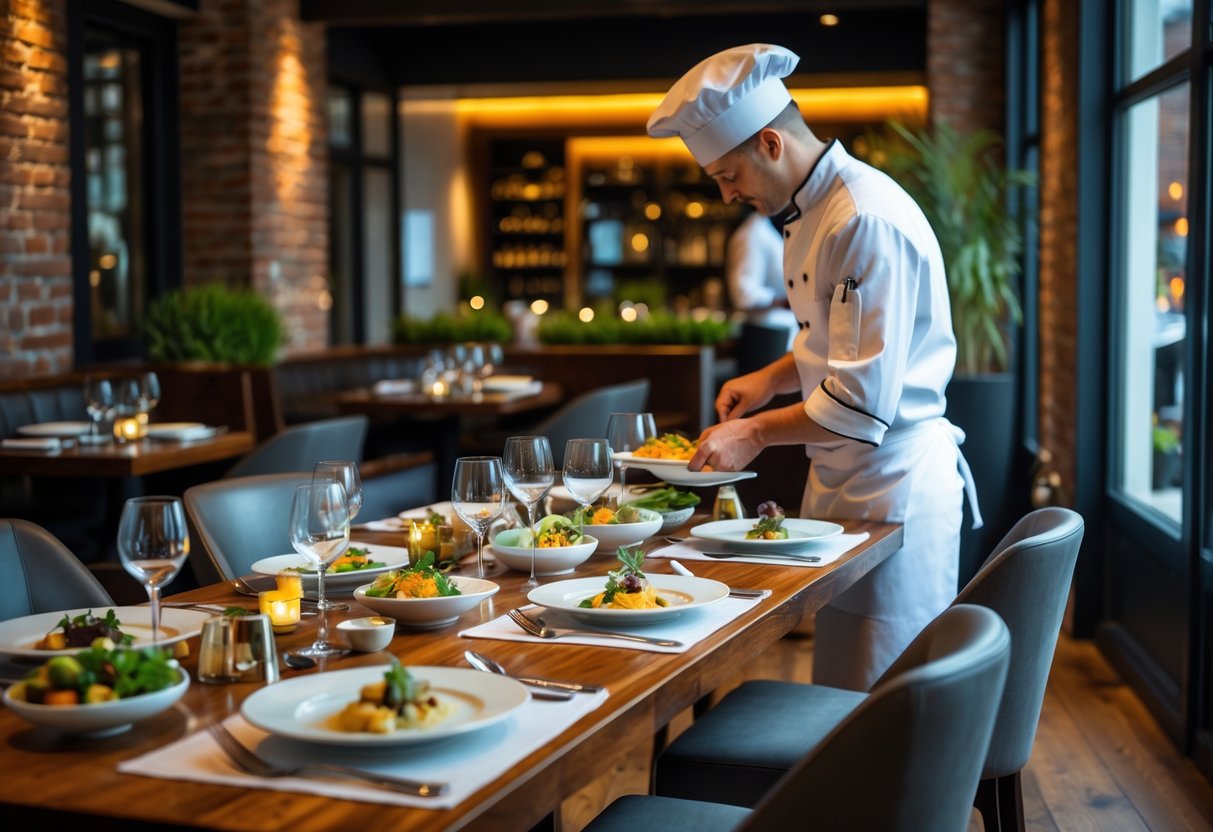 A chef's table in a modern Dublin restaurant with a long wooden table set for fine dining, a chef preparing food, and warm ambient lighting.
