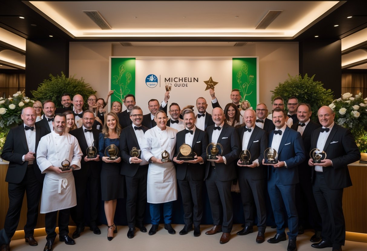A group of chefs and restaurant owners celebrating at an award ceremony in an elegant event space with Irish-themed decor.