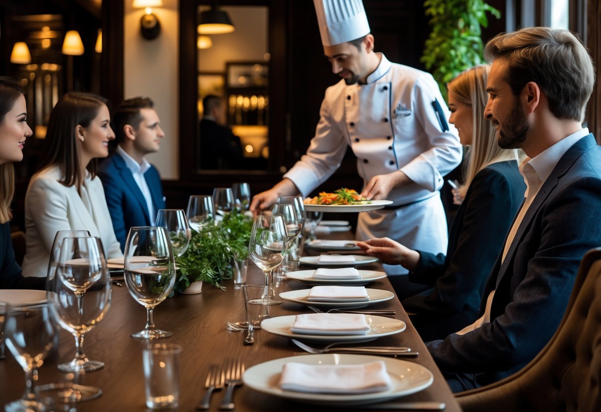 Guests seated at a chef's table in a Dublin restaurant, with a chef presenting dishes and interacting with them.