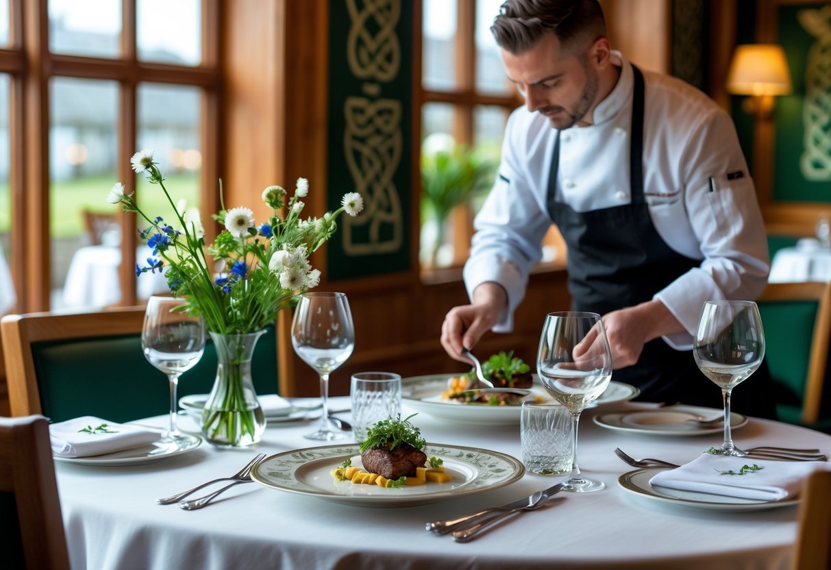 An elegant dining table set in a warm Irish restaurant with a chef plating a gourmet dish in the background.