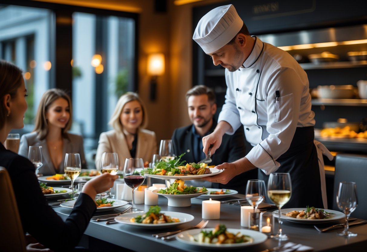 A chef plating gourmet dishes at a chef's table with diners watching in a modern Dublin restaurant.