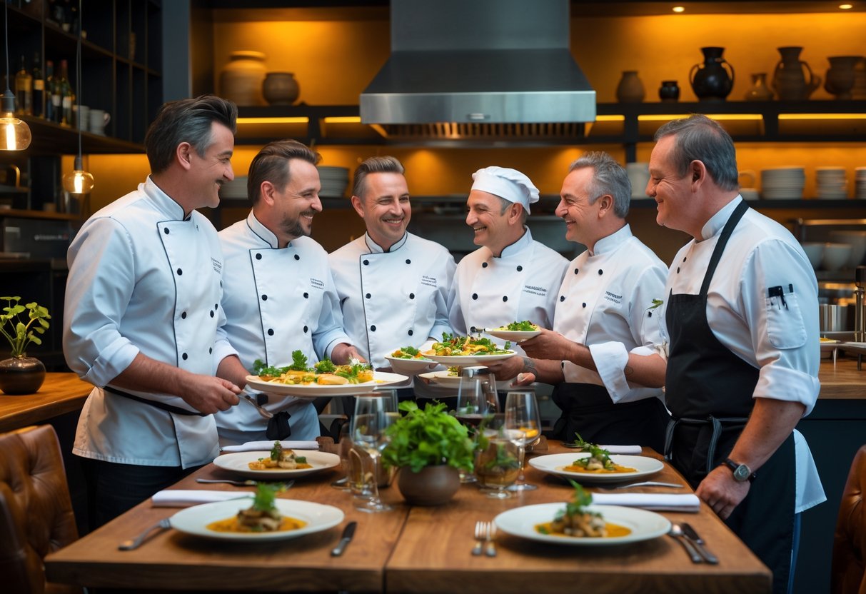 A group of chefs and culinary leaders gathered around a table in a modern restaurant kitchen, sharing food and conversation.
