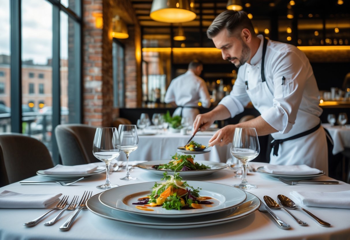A chef plating a gourmet dish at a beautifully set dining table in a modern restaurant with a view of a cityscape.