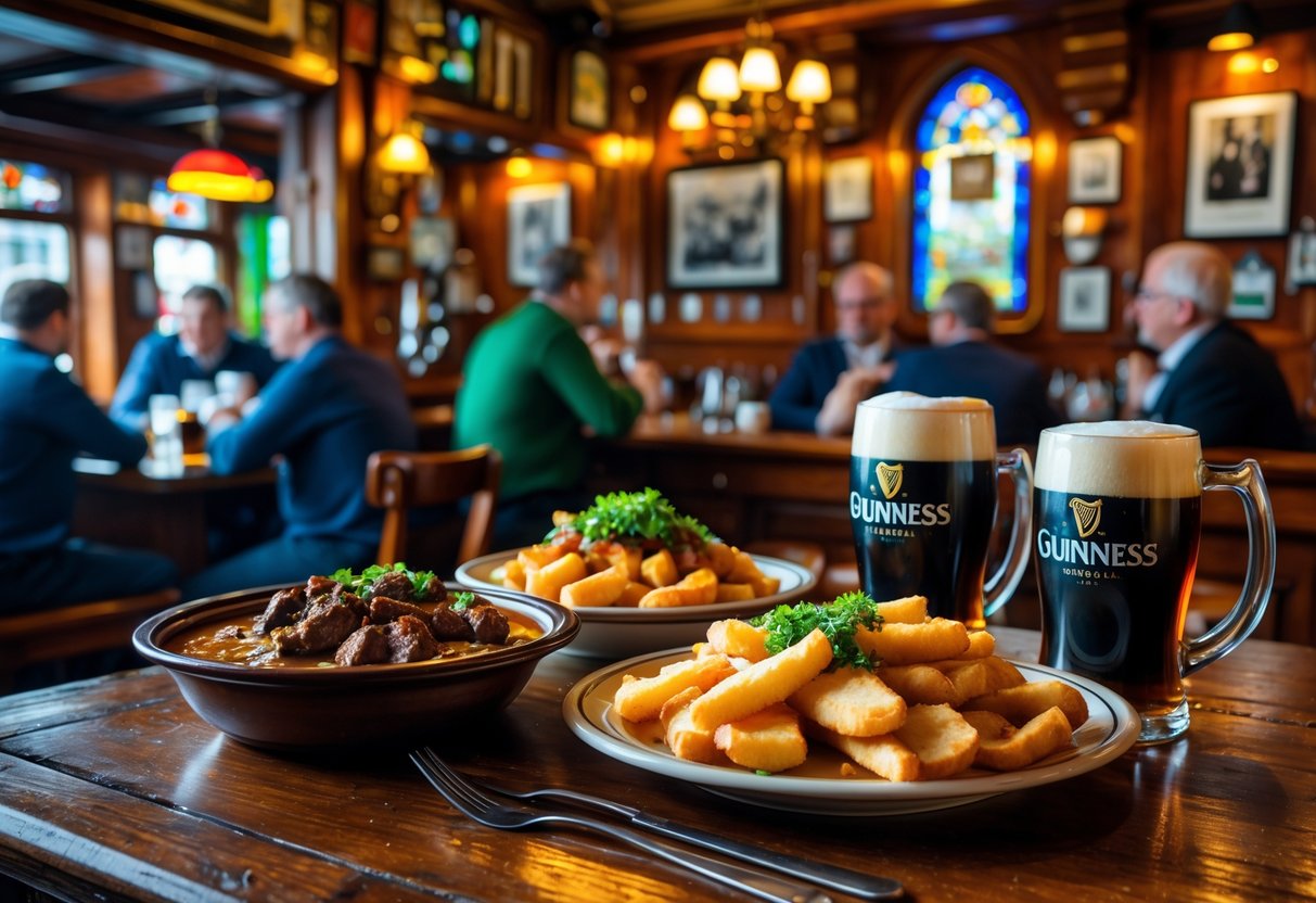 A wooden table in a Dublin pub with traditional Irish dishes and pints of beer, with people dining and warm pub interiors in the background.