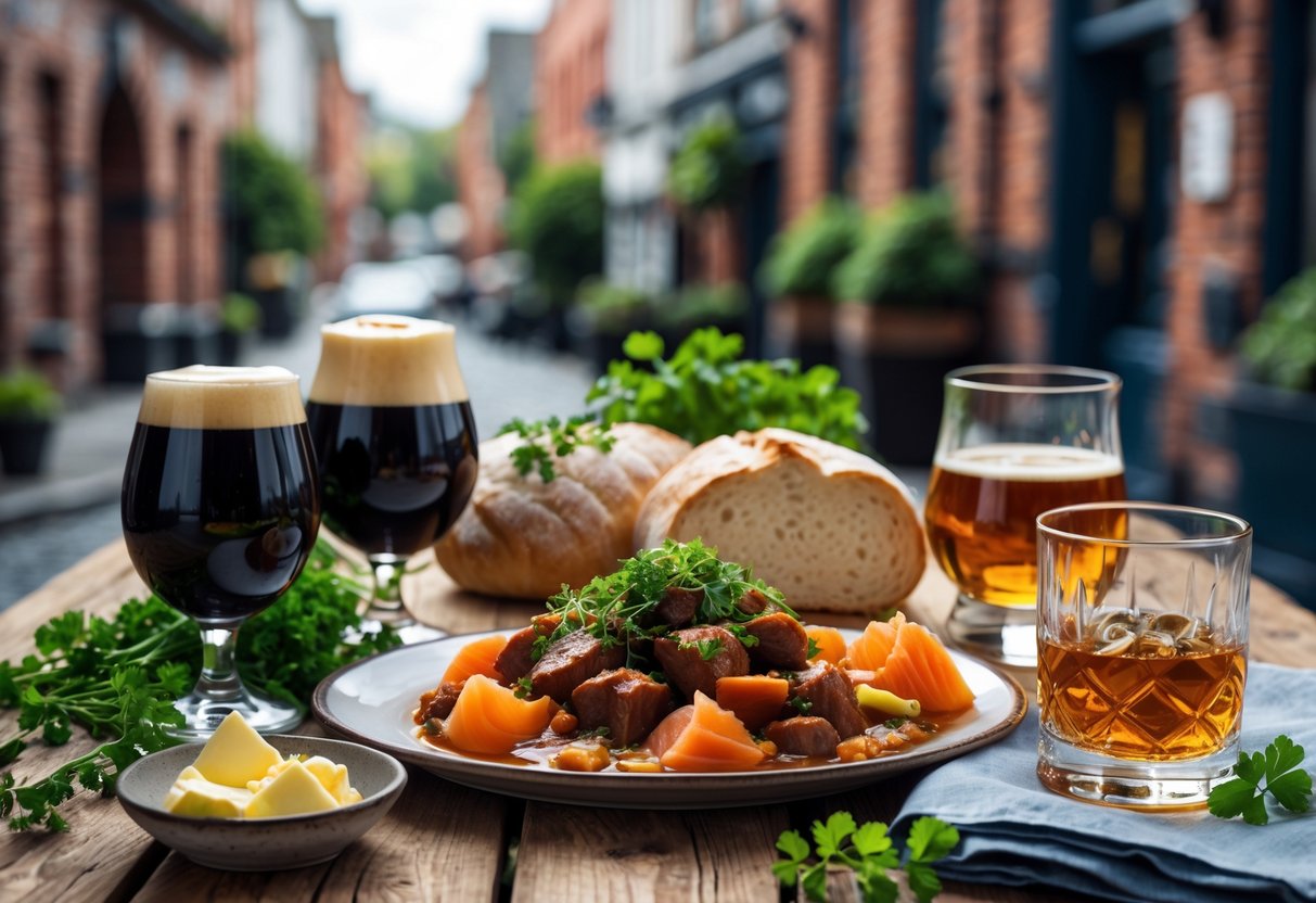 A wooden table outdoors with traditional Irish dishes including stew, soda bread, smoked salmon, and glasses of stout and whiskey, set against a blurred background of Dublin streets.