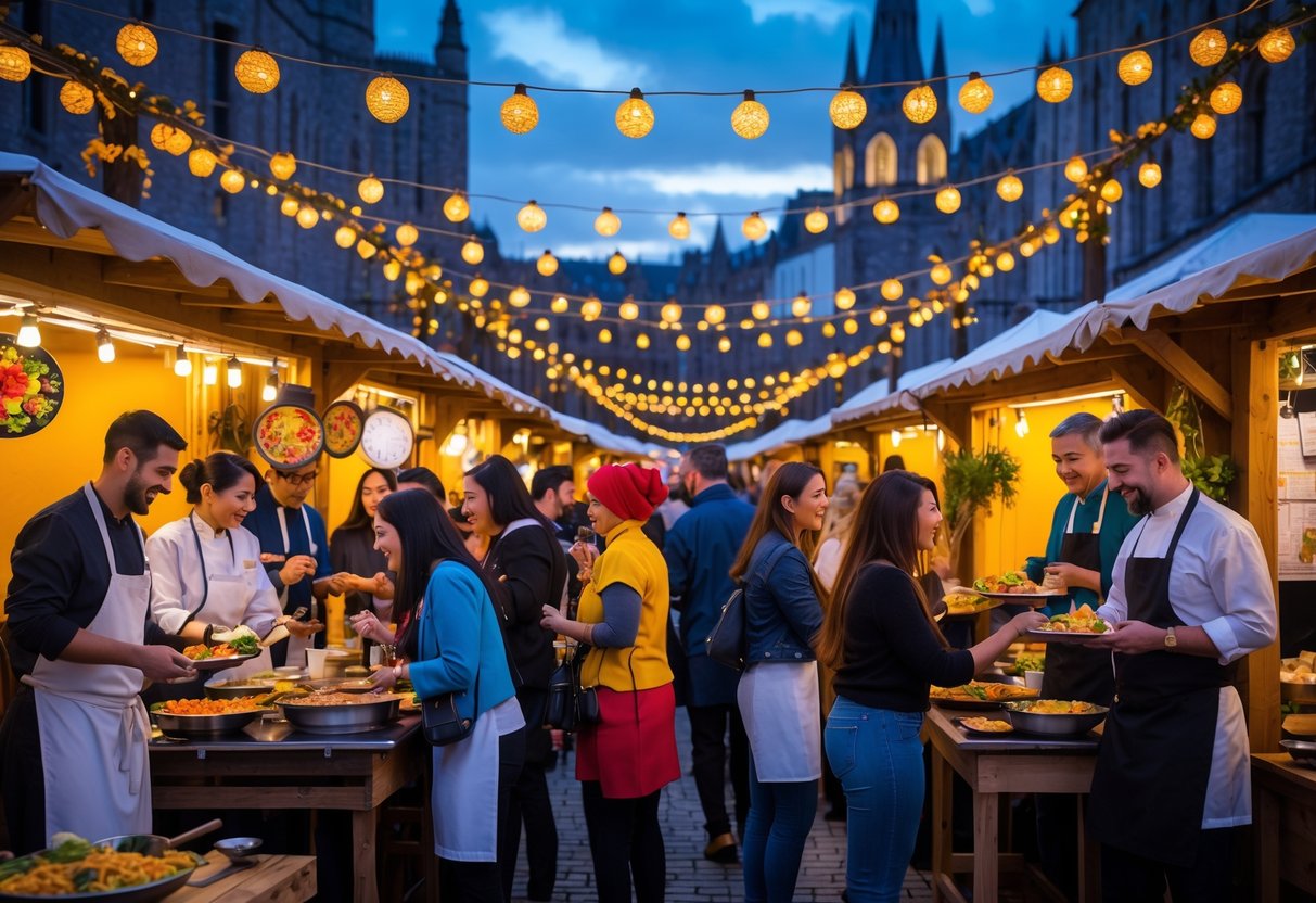 People enjoying an outdoor food market at night in Dublin with food stalls and warm string lights.
