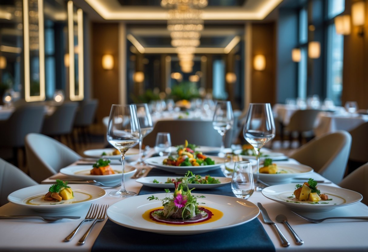 A multi-course gourmet meal artfully plated on a fine dining table in an elegant restaurant setting.