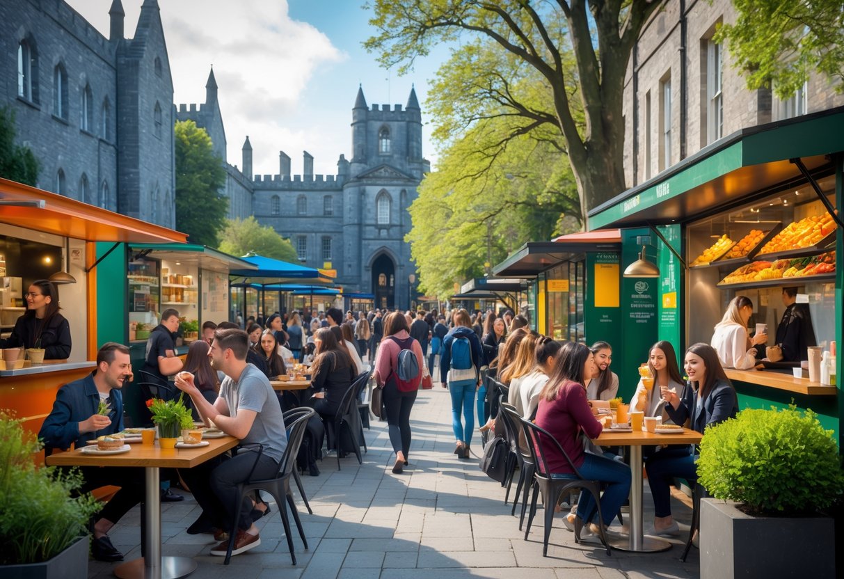 Students and visitors enjoying food at outdoor tables near Trinity College Dublin with historic buildings and greenery in the background.