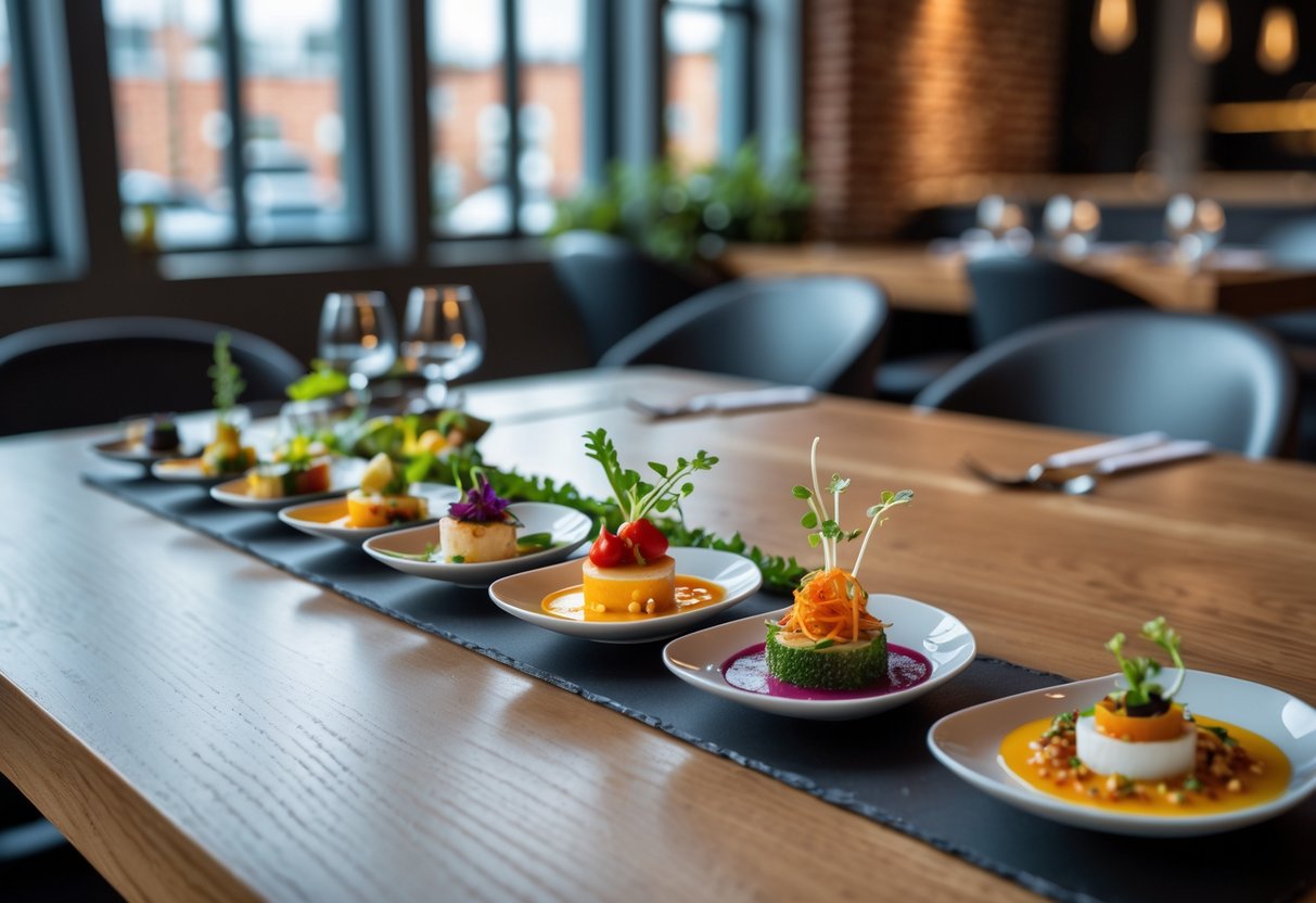 A table with several small, beautifully plated gourmet dishes arranged in a row inside a modern restaurant.