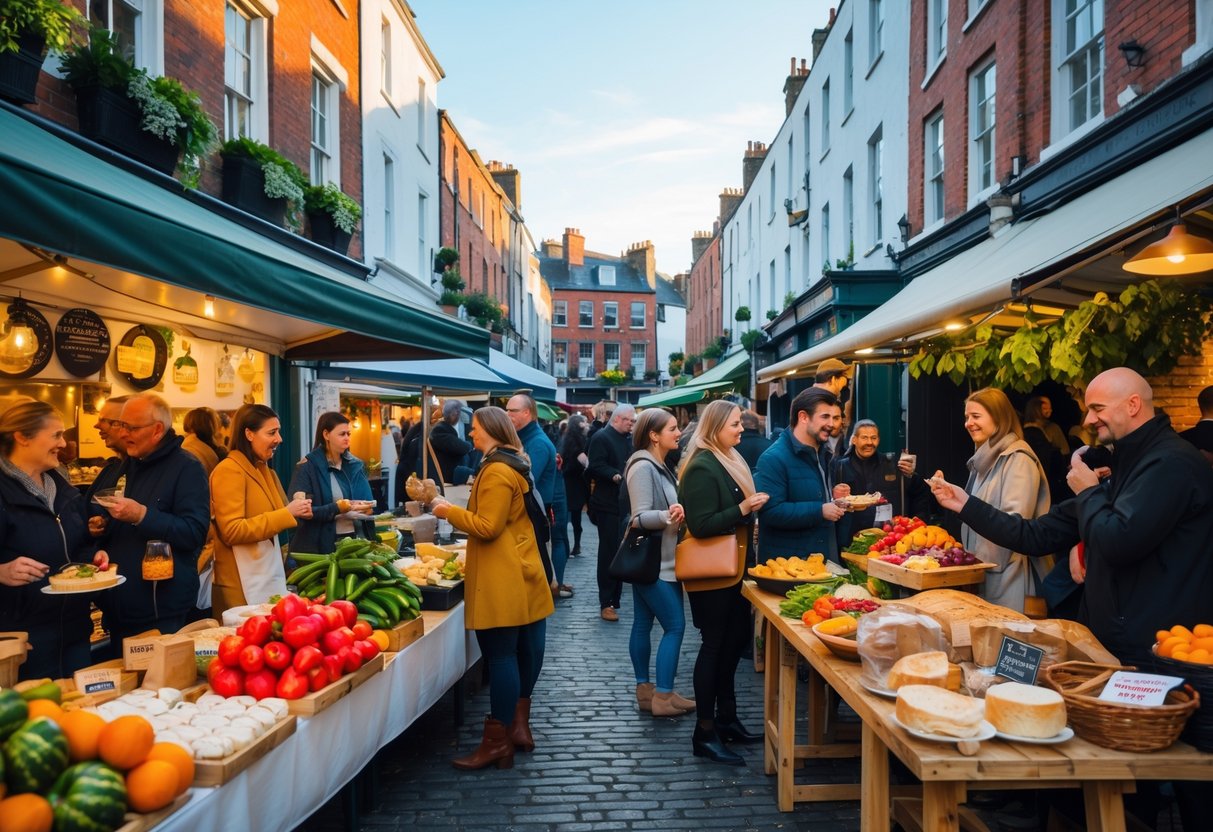 People enjoying a lively outdoor food market in Dublin with local vendors offering fresh produce and traditional dishes on a cobblestone street.