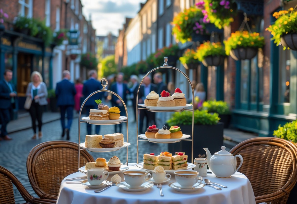 Outdoor afternoon tea table with pastries and teacups in a sunny Dublin street with historic buildings and people enjoying tea.