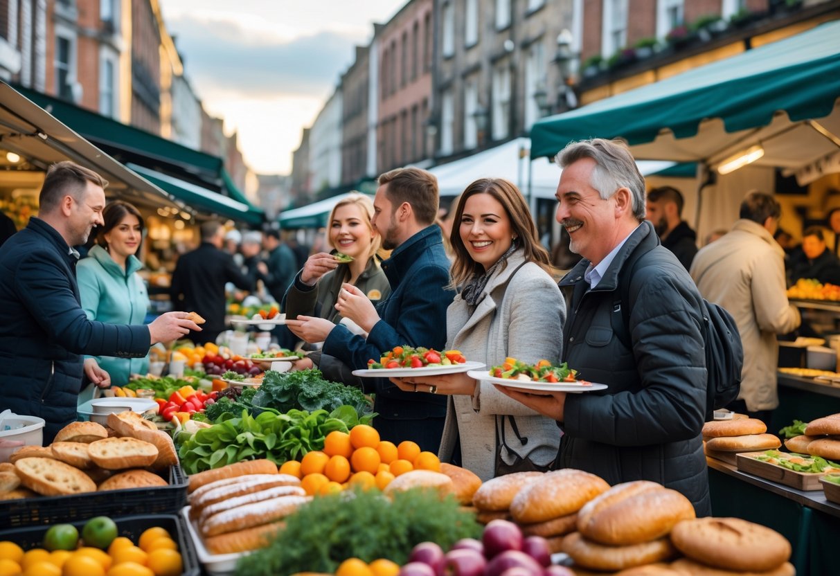 People enjoying a lively outdoor food market in Dublin with fresh produce and traditional dishes.