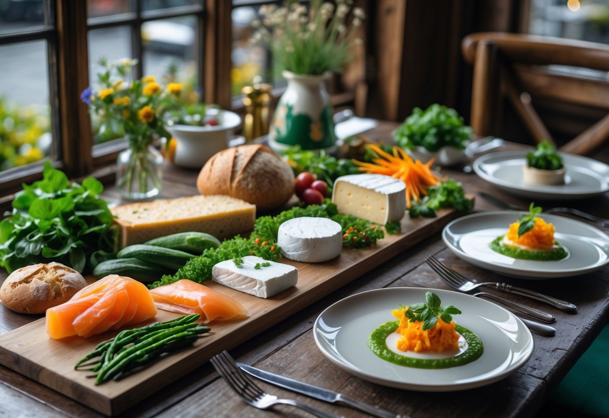 A tasting menu featuring fresh Irish ingredients and local produce arranged on a wooden table in a cozy Dublin dining setting.