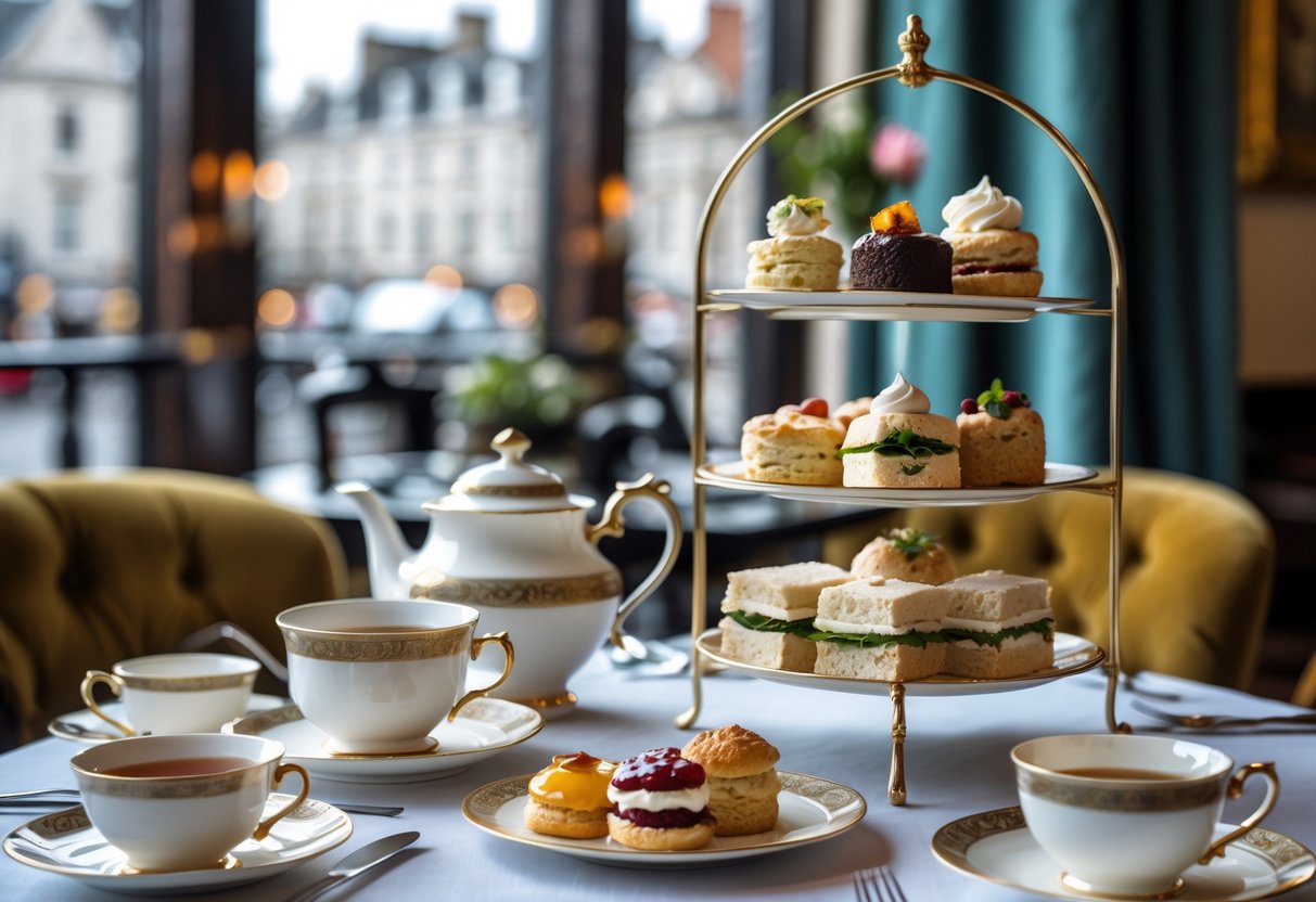 A table set with teacups, a teapot, and tiered trays of sandwiches, scones, and pastries in a tea room.
