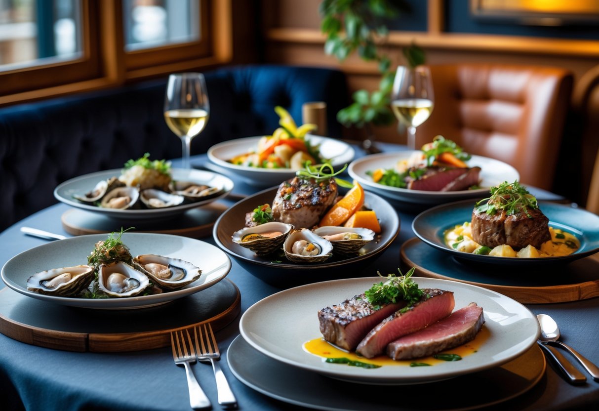 A table set with a variety of seafood and meat dishes in a stylish restaurant in Dublin.